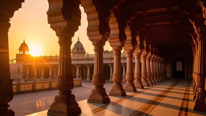 This stunning image showcases a serene courtyard within an ancient Indian palace or temple at sunrise.