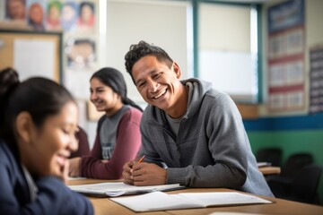 Obraz premium Tutor teaching teenage Hispanic student classroom smiling.