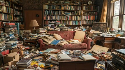 A living room with scattered furniture, books, and items all around, showcasing a chaotic, messy environment.