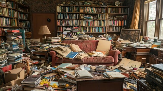 A living room with scattered furniture, books, and items all around, showcasing a chaotic, messy environment.