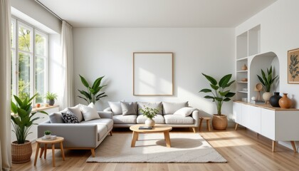 Fototapeta premium Modern minimalist living room interior design with grey sofa and plants Bright sunlight streaming through large window