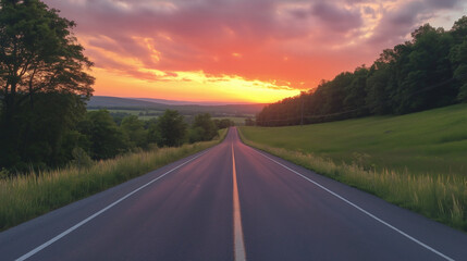 Naklejka premium Scenic Sunset Road with Lush Green Trees and Rolling Hills in Summer