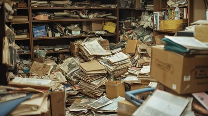 A cluttered room filled with piles of old newspapers, boxes, and miscellaneous items, depicting a hoarding scenario.