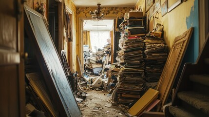 A hallway filled with stacks of items and old belongings, illustrating a severe hoarding situation in a home.