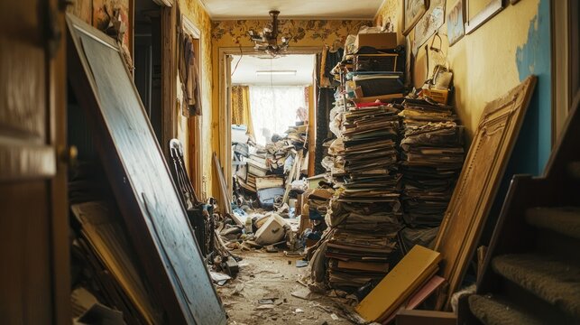 A hallway filled with stacks of items and old belongings, illustrating a severe hoarding situation in a home.