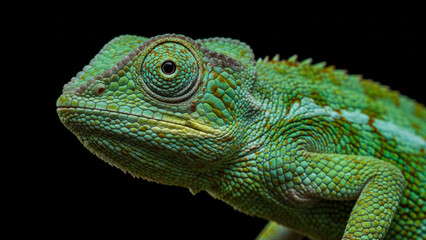 Fototapeta premium A strikingly colorful chameleon lizard displayed on a black surface