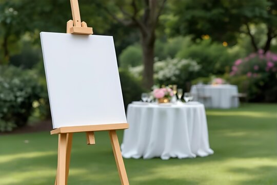 Blank Canvas on Easel in Garden Setting: Outdoor Wedding Reception Decor, White Tablecloths, Green Lawn, Event Space, Copy Space - Powered by Adobe