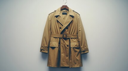 Naklejka premium A front-facing shot of a tailored trench coat with a belt, hanging against a white backdrop, softly lit to highlight its sleek lines and polished finish