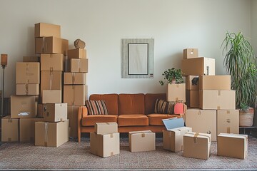 Cardboard boxes stacked in a living room during a move.