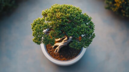 A top-down view of a small bonsai tree with twisted branches, placed in a simple white pot, softly illuminated to highlight its delicate structure and intricate details