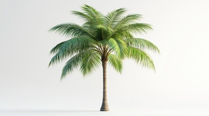 Obraz premium A front-facing shot of a palm tree with broad, lush fronds, standing against a white background, softly lit to emphasize the vibrant green leaves and tall, elegant trunk