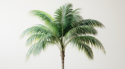 A front-facing shot of a palm tree with broad, lush fronds, standing against a white background, softly lit to emphasize the vibrant green leaves and tall, elegant trunk