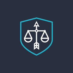 Modern Law Firm Logo Vector Template with Scales of Justice, Arrow, and Shield Symbol