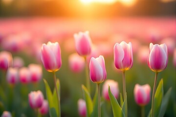 Pink Tulip Field at Sunset: Beautiful Floral Landscape Photography, Spring Flowers in Bloom, Golden Hour Light, Nature Image