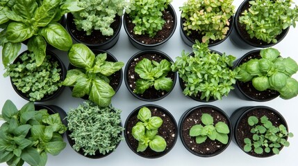 A top-down view of a collection of tiny potted herbs like basil and rosemary, resting on a white surface, softly lit to emphasize the fresh, aromatic leaves