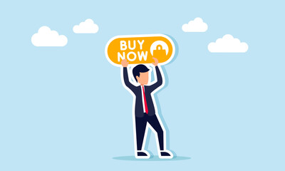 Businessman holding up a board with BUY NOW text and a cart symbol, illustration of a call to action for purchasing a product