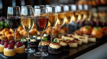 Fototapeta premium Elegant display of assorted desserts and champagne glasses at a lavish celebration setting