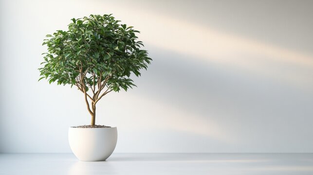 A front-facing shot of a large ficus tree with glossy leaves and a tall trunk, placed in a white pot against a white background, softly illuminated to showcase its elegant, tropical appearance