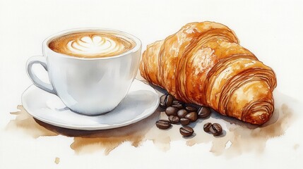 Freshly brewed coffee in a white cup beside a golden croissant and coffee beans on a table