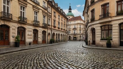 Fototapeta premium A cobblestone street lined with buildings in a european city with a dome in the background on a cloudy day