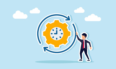Businessman standing next to a gear with a clock symbol and continuous sign, illustration of automation in work or production system maintenance