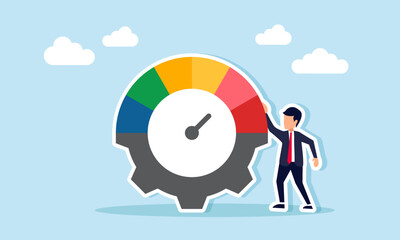 Businessman standing next to a gear with an indicator or speedometer model, illustration of a business work system indicator
