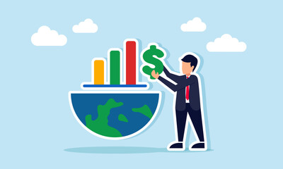 Businessman holding a dollar sign next to half a globe with a graph above it, illustration of currency performance worldwide