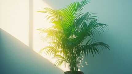 Fototapeta premium A front-facing shot of a tall potted palm with long, graceful fronds, placed against a white backdrop, softly illuminated to emphasize its tropical beauty