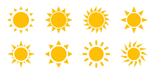 Set of 8 yellow sun icons in flat vector style with unique ray designs. Perfect for weather apps, summer themes, travel graphics, and UI elements. Isolated on white background. Sun, iocns.