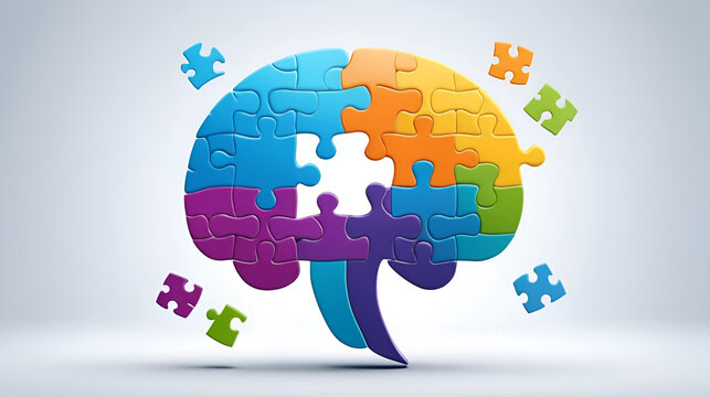 Human brain profile with jigsaw puzzle part design 3D rendering illustration. Amnesia, Alzheimer's, memory loss or impairments, neurology, disease, senile degeneration concepts.