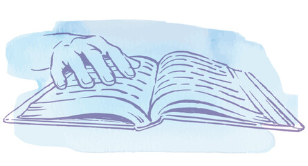本を読んでいるシーンのイラスト。手と本。水彩風ベクターイラスト素材。