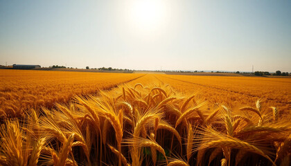 Golden Wheat Field Under Clear Blue Sky on Sunny Day