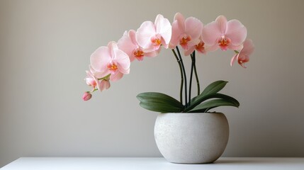 Obraz premium A front-facing shot of a delicate, potted orchid plant with soft pink flowers, placed on a white surface, softly illuminated to highlight its fragile beauty