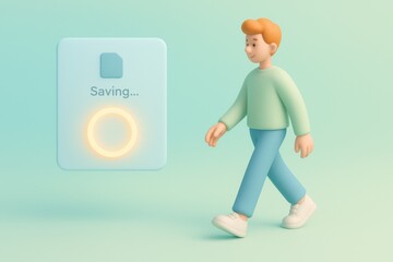 Saving the Dream: A 3D-rendered visualization presents a person walking toward a file save icon, its circular indicator suggesting pending activity, a metaphor of the digital world.
