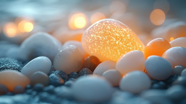 A macro shot of a cluster of small, smooth pebbles with muted colors, illuminated by soft diffused light to highlight their round shapes and natural patterns