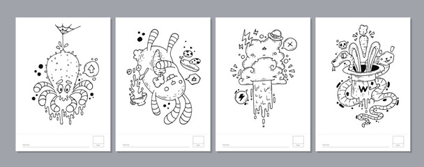 Doodle coloring page for children and adults. Black and white vector characters. Vector doodle illustration