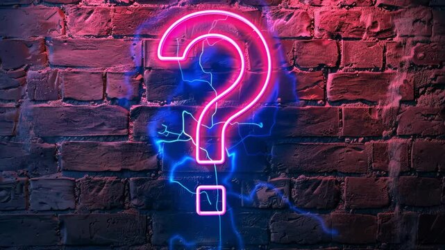 Mystery neon question mark glowing on a textured brick wall captures curiosity and intrigue in a vibrant urban setting infused with color