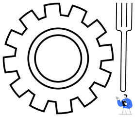 Gear alongside vertical fork and figure holding data clipboard representing problem-solving, mechanics, engineering, decision-making, analytics, planning, innovation, teamwork. Flat simple metaphor