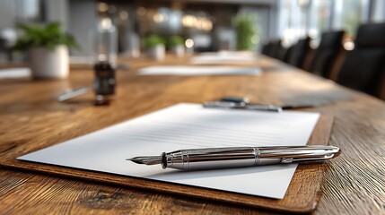 Blank White Paper on Office Meeting Table with Pen and Chair in Soft Focus Background, Minimal Corporate Workspace