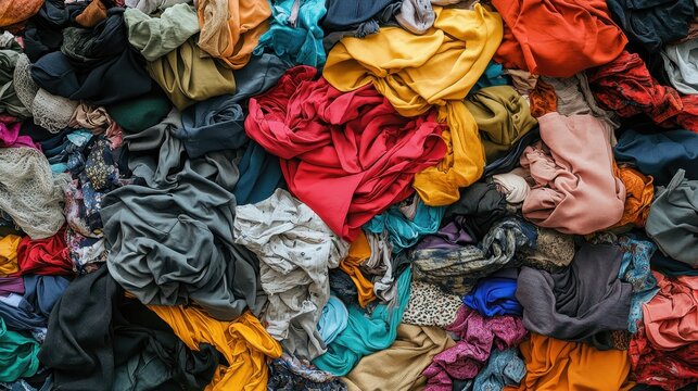 A colorful pile of textile fabrics, cloths, and clothes thrown messily together. Ideal for themes like textile waste, fast fashion, recycling, or donation.