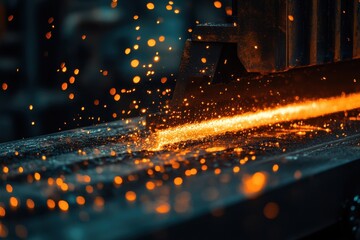 Close-up of industrial metal saw cutting with sparks and bright light. Use this powerful imagery for industry, energy, or heavy equipment needs.