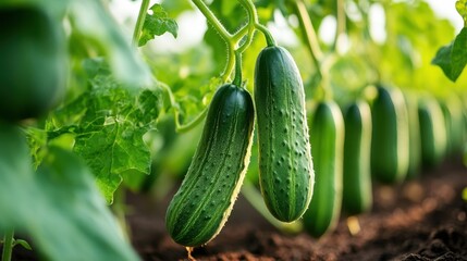 Healthy cucumber plants stretching across rows in a warm greenhouse setting