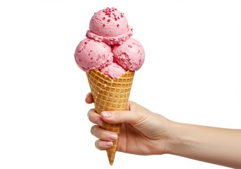 A hand holding a waffle cone filled with pink ice cream and red sprinkles on a white background space