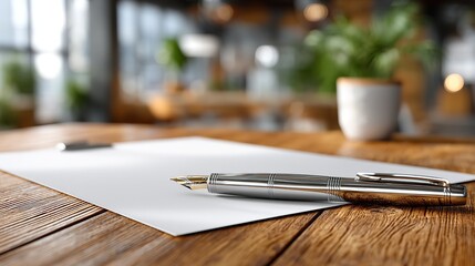 Blank White Paper on Office Meeting Table with Pen and Chair in Soft Focus Background, Minimal Corporate Workspace