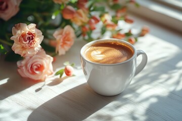 A warm cup of coffee sits next to fresh roses on a sunlit table, creating a cozy atmosphere perfect for relaxation
