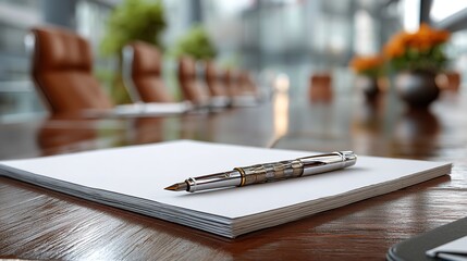 Blank White Paper on Office Meeting Table with Pen and Chair in Soft Focus Background, Minimal Corporate Workspace