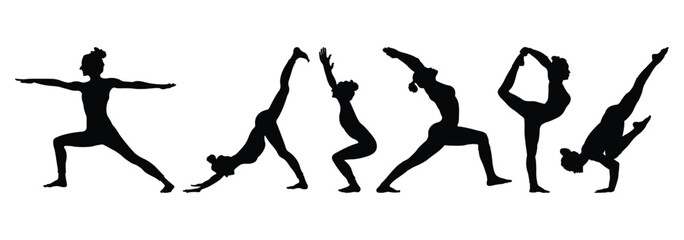 Yoga poses silhouette set. Yoga poses showcasing flexibility, balance, wellness, stretching exercises for body, mind. Set of female silhouettes doing yoga. 