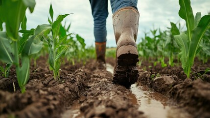 Heavy rain aftermath in corn field with muddy boots of farmer walking between plants