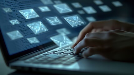 A close-up of a laptop screen displaying an open email inbox, with a hand typing on a white keyboard, symbolizing digital communication and work