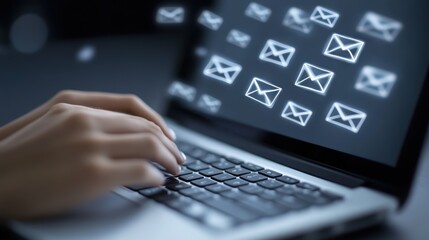 A close-up of a laptop screen displaying an open email inbox, with a hand typing on a white keyboard, symbolizing digital communication and work